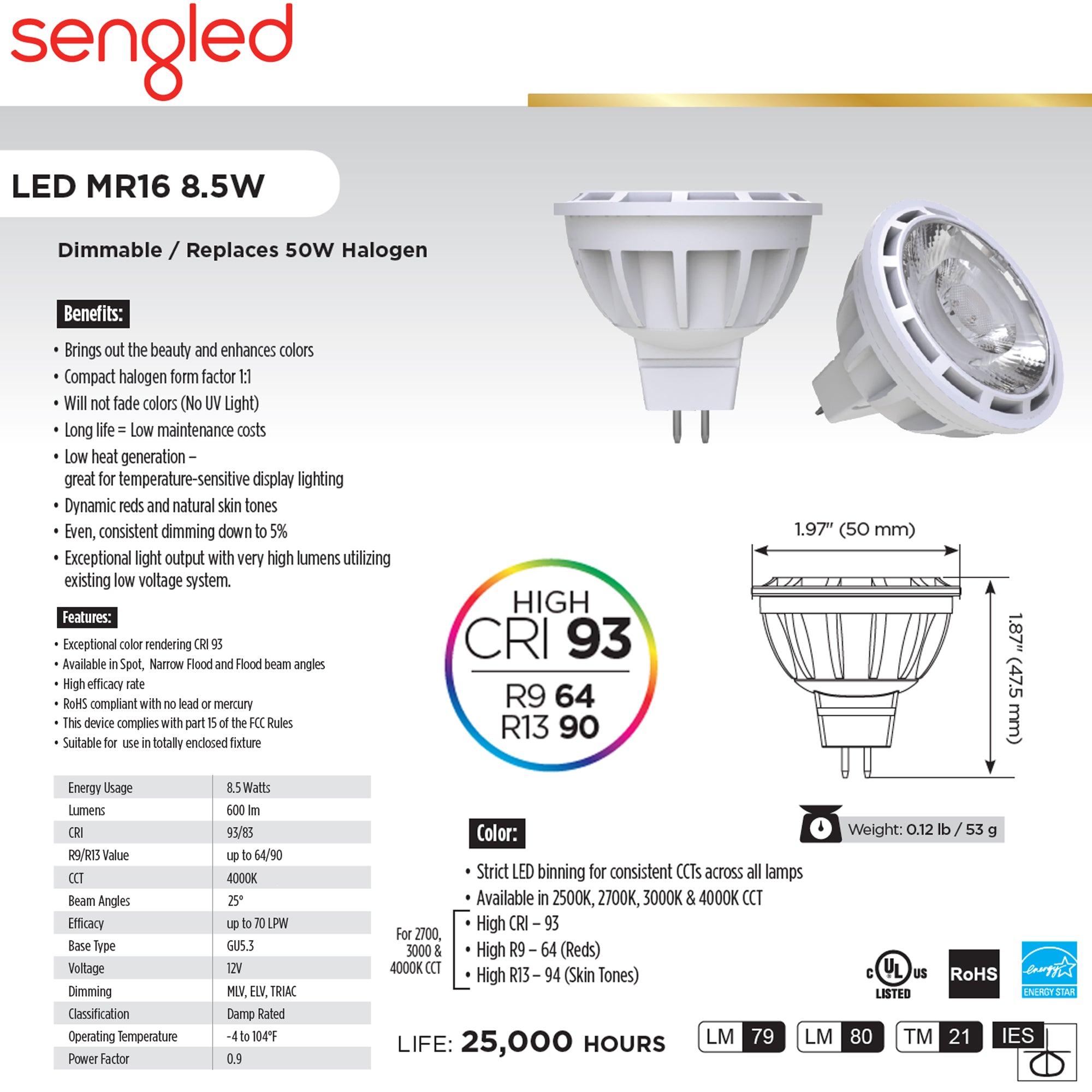 Sengled, AMPOULE LED DIMMABLE SENGLED, MR16 GU5.3, 12V, 8.5W, 600-LUMEN, 4K, 25° (PAQUET DE 50)