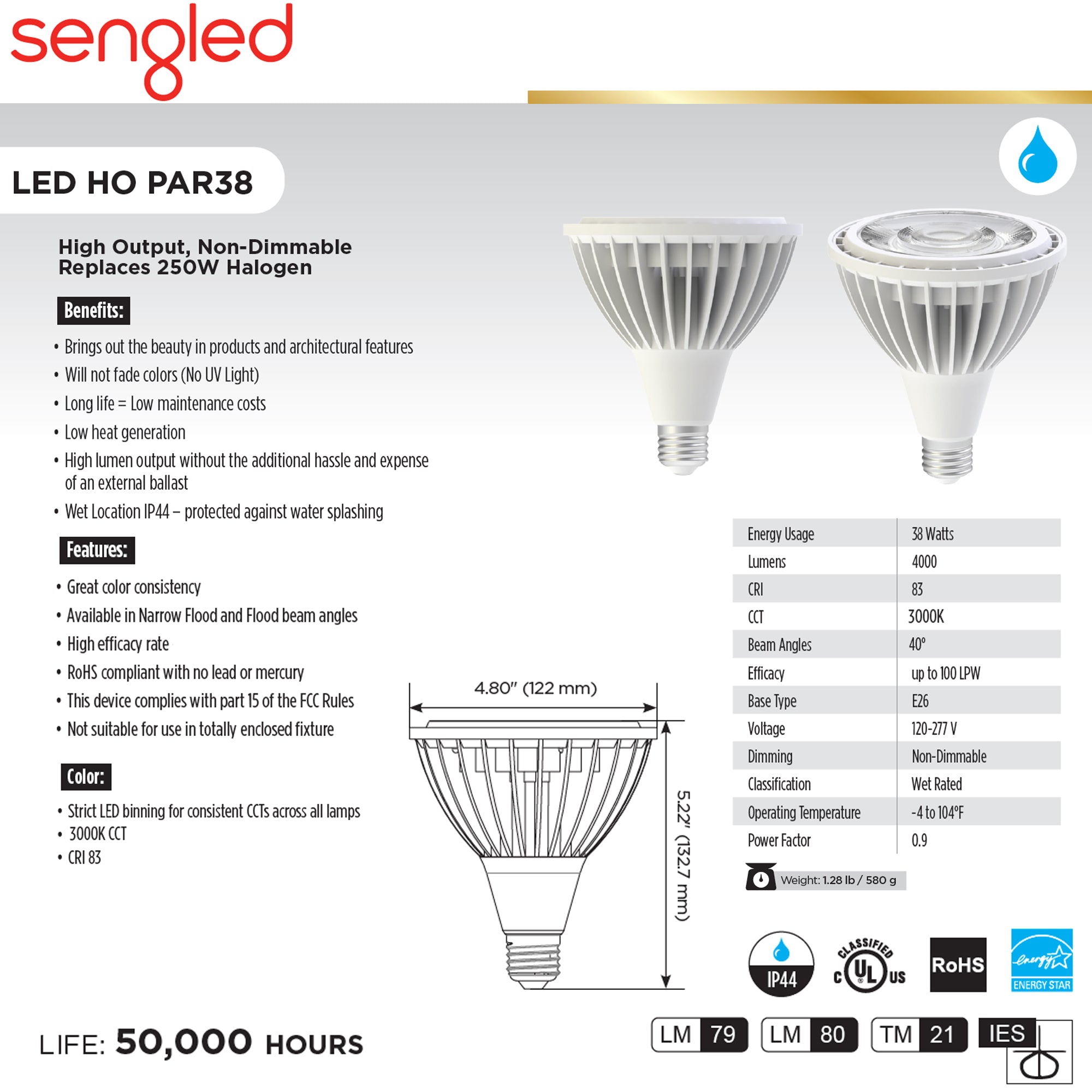 Sengled, AMPOULE LED SENGLED PAR38 HO, 38W, 4,000-LUMEN, 3000K, 40° FLOOD